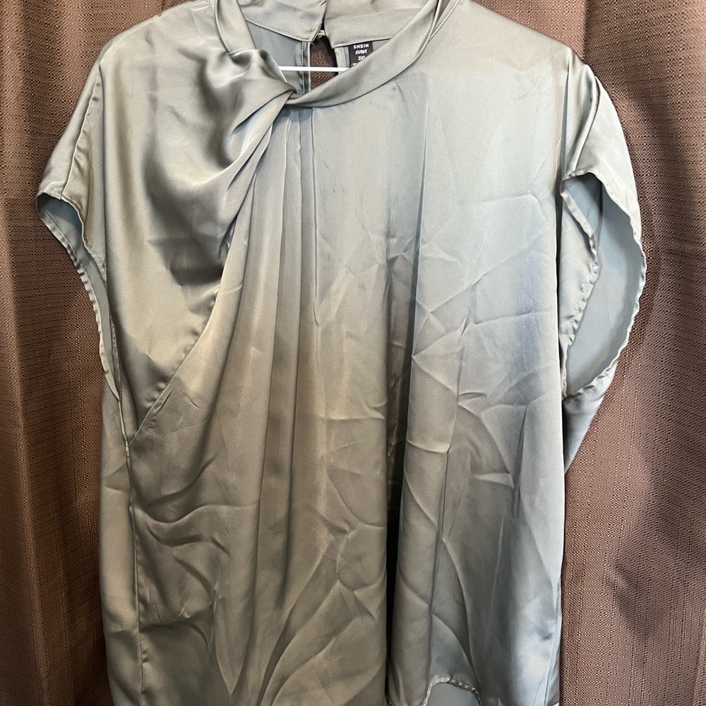 SHEIN Satin Twist-Neck Cap Sleeve Top - Light Blue Gray